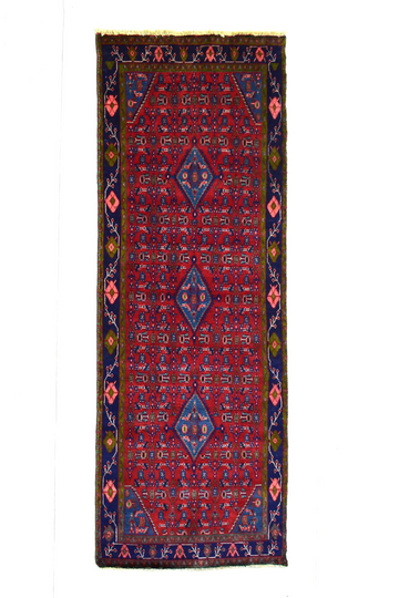 Vintage Hand Knotted Turkish Wool Rug – Geometric Red & Blue Area