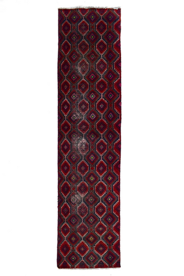 Vintage Hand Knotted Turkish Wool Rug – Geometric Red Runner