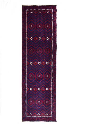 Vintage Hand Knotted Turkish Wool Rug – Geometric Navy Runner