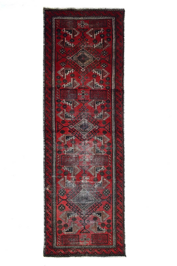 Vintage Hand Knotted Turkish Wool Rug – Red Geometric Runner