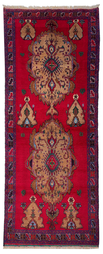4x8 Red Double Medallion Vintage Baluch Hand-Knotted Wool Rug