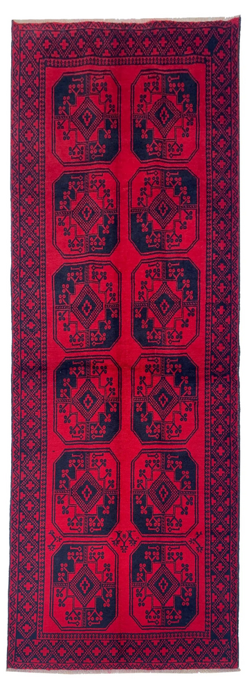 4x9 Red Repeating Medallion Vintage Baluch Hand-Knotted Wool Rug