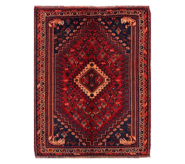 Red Geometric Medallion Vintage Turkish Hand-Knotted Wool Rug