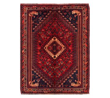 Red Geometric Medallion Vintage Turkish Hand-Knotted Wool Rug