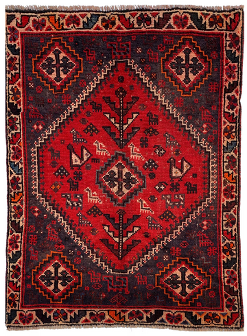 4x5 Red Animal Motif Vintage Turkish Hand-Knotted Wool Rug