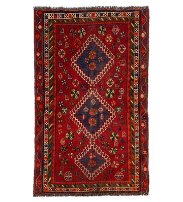 Red Triple Diamond Medallion Vintage Turkish Hand-Knotted Wool Rug