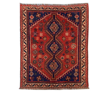 Red Geometric Vintage Turkish Hand-Knotted Wool Rug