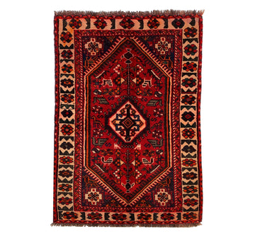 Red Geometric Vintage Turkish Hand-Knotted Wool Rug