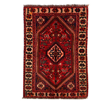 Red Geometric Vintage Turkish Hand-Knotted Wool Rug
