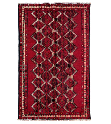 Red Geometric Diamond Vintage Turkish Hand-Knotted Wool Rug