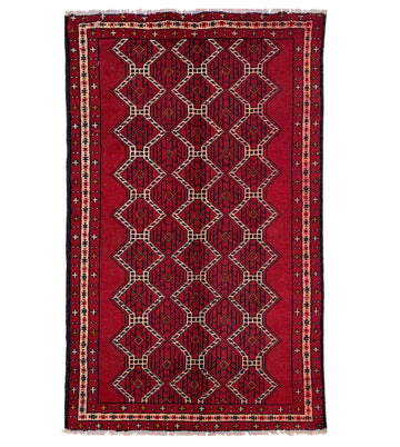 Red Geometric Diamond Vintage Turkish Hand-Knotted Wool Rug