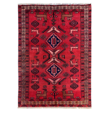 Red Animal Motif Vintage Turkish Hand-Knotted Wool Rug