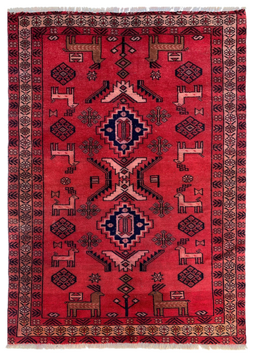 4x6 Red Animal Motif Vintage Turkish Hand-Knotted Wool Rug