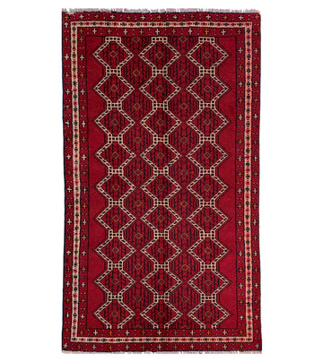 4x6 Red Geometric Lattice Vintage Turkish Hand-Knotted Wool Rug