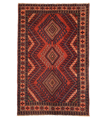 Terracotta Geometric Diamond Vintage Turkish Hand-Knotted Wool Rug