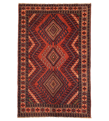 Terracotta Geometric Diamond Vintage Turkish Hand-Knotted Wool Rug