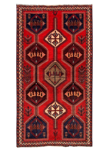 5x10 Red Geometric Vintage Persian Hand-Knotted Wool Rug