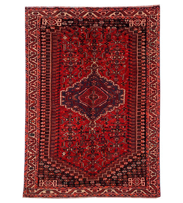 Red Geometric Vintage Turkish Hand-Knotted Wool Rug