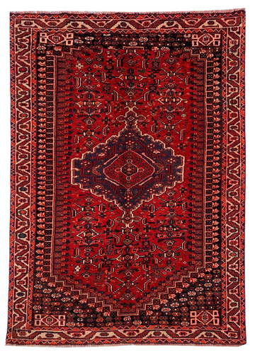 5x7 Red Geometric Vintage Turkish Hand-Knotted Wool Rug