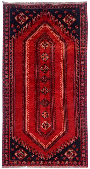 4x9 Red Geometric Vintage Turkish Hand-Knotted Wool Rug