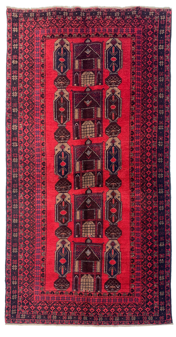 4x8 Red Village Scene Vintage Baluch Hand-Knotted Wool Rug