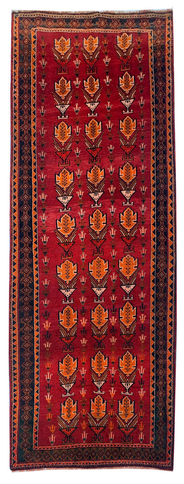 4x10 Red Tree Motif Vintage Baluch Hand-Knotted Wool Runner
