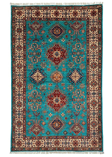 5x7 Turquoise Kazak Hand-Knotted Premium Vintage Wool Rug