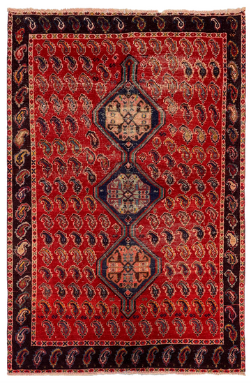 4x6 Red Triple Medallion Vintage Turkish Hand-Knotted Wool Rug