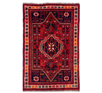 Red Geometric Medallion Vintage Turkish Hand-Knotted Wool Rug