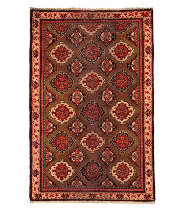 Brown Geometric Vintage Turkish Hand-Knotted Wool Rug