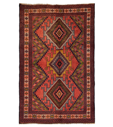 Red Geometric Diamond Vintage Turkish Hand-Knotted Wool Rug