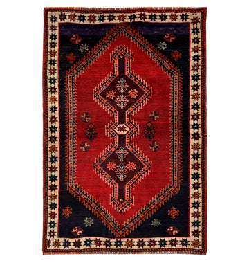 Red Geometric Vintage Turkish Hand-Knotted Wool Rug