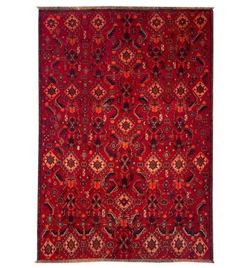 Red Floral Geometric Vintage Turkish Hand-Knotted Wool Rug