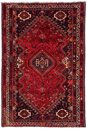 6x8 Red Geometric Medallion Vintage Turkish Hand-Knotted Wool Rug