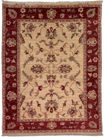 5x6 Beige Floral Vine Chobi Hand-Knotted Afghan Wool Rug