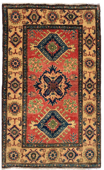 2x3 Red Triple Medallion Chobi Hand-Knotted Afghan Wool Rug