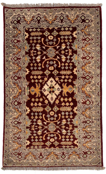 3x4 Burgundy Floral Medallion Chobi Hand-Knotted Afghan Wool Rug