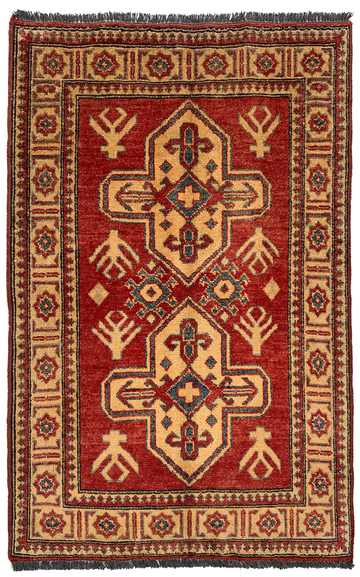 3x4 Red Double Medallion Chobi Hand-Knotted Afghan Wool Rug