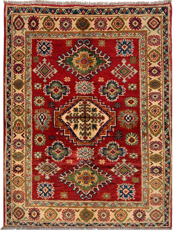 3x4 Red Triple Medallion Chobi Hand-Knotted Afghan Wool Rug