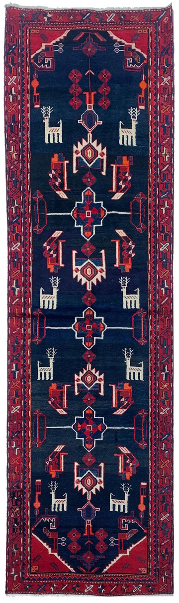 3x10 Navy Animal Motif Vintage Turkish Hand-Knotted Wool Rug