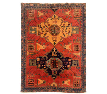 Red Geometric Medallion Vintage Turkish Hand-Knotted Wool Rug