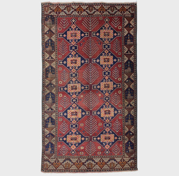 Red Geometric Vintage Baluch Hand-Knotted Wool Rug