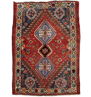 Red Geometric Vintage Turkish Hand-Knotted Wool Rug