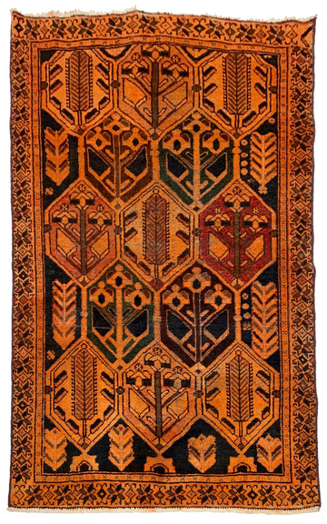 Orange Geometric Vintage Turkish Hand-Knotted Wool Rug
