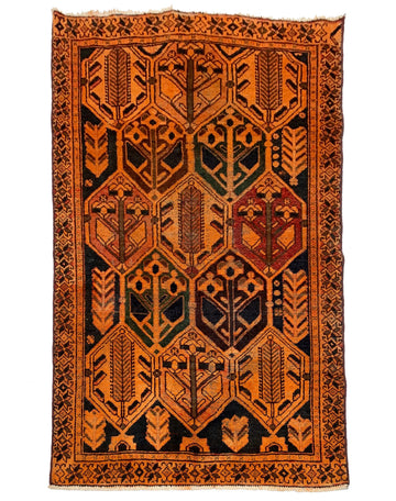 Orange Geometric Vintage Turkish Hand-Knotted Wool Rug