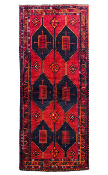Red Geometric Vintage Turkish Hand-Knotted Wool Rug