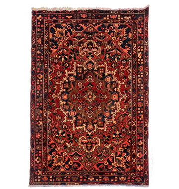 Red Floral Vintage Turkish Hand-Knotted Wool Rug