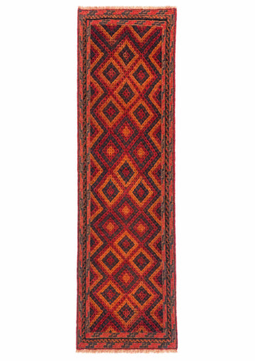 Red Diamond Lattice Vintage Afghan Mishwani Hand-Knotted Wool Runner Rug