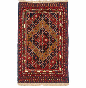 Red Diamond Medallion Vintage Afghan Mishwani Hand-Knotted Wool Rug