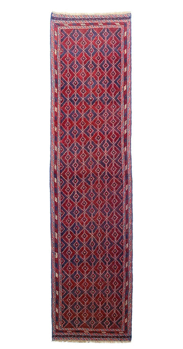 Red Diamond Lattice Vintage Afghan Mishwani Hand-Knotted Wool Runner Rug